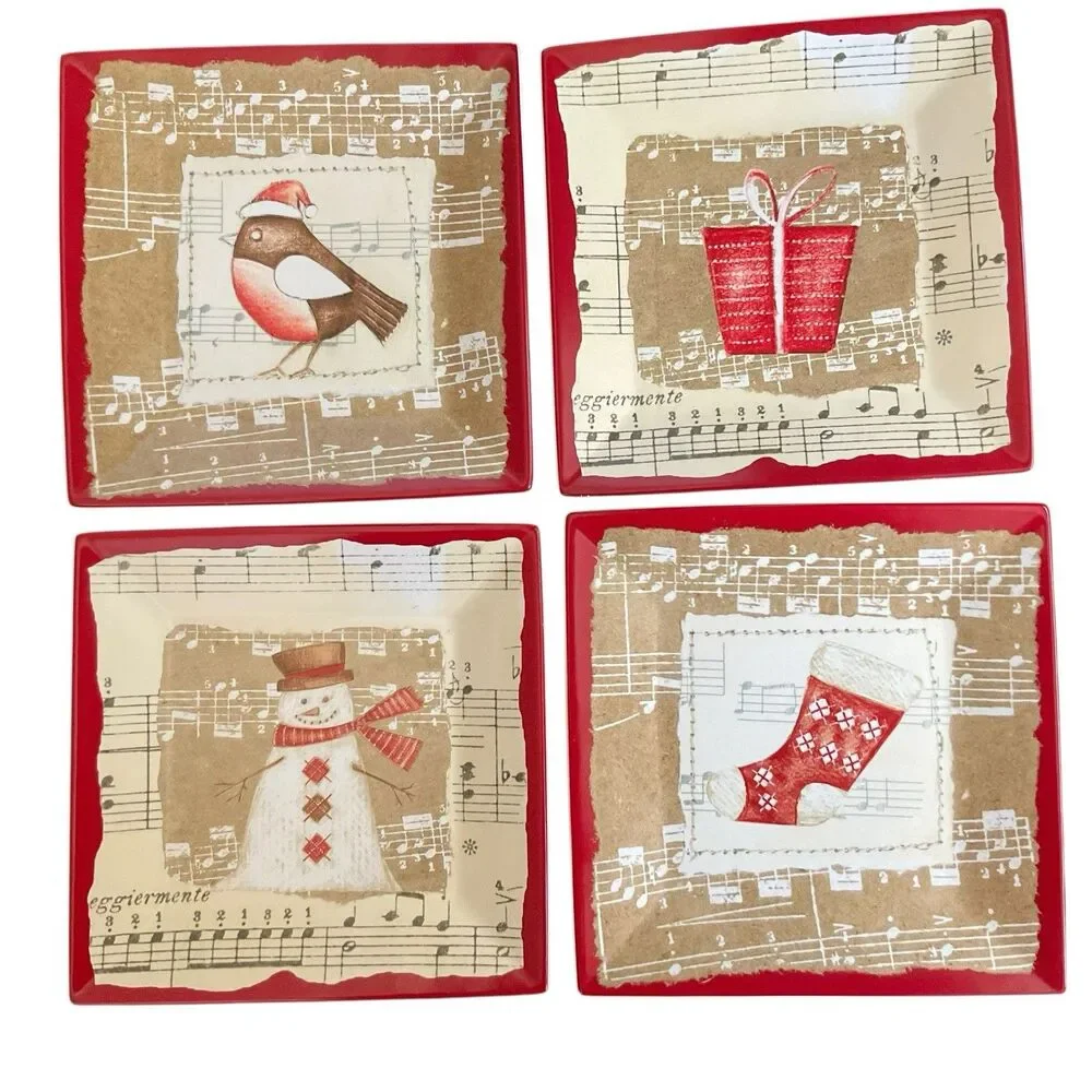 Oneida Winter Song Set Of 4 Salad Or Dessert Plates 8” Boxed Red Music Notes
